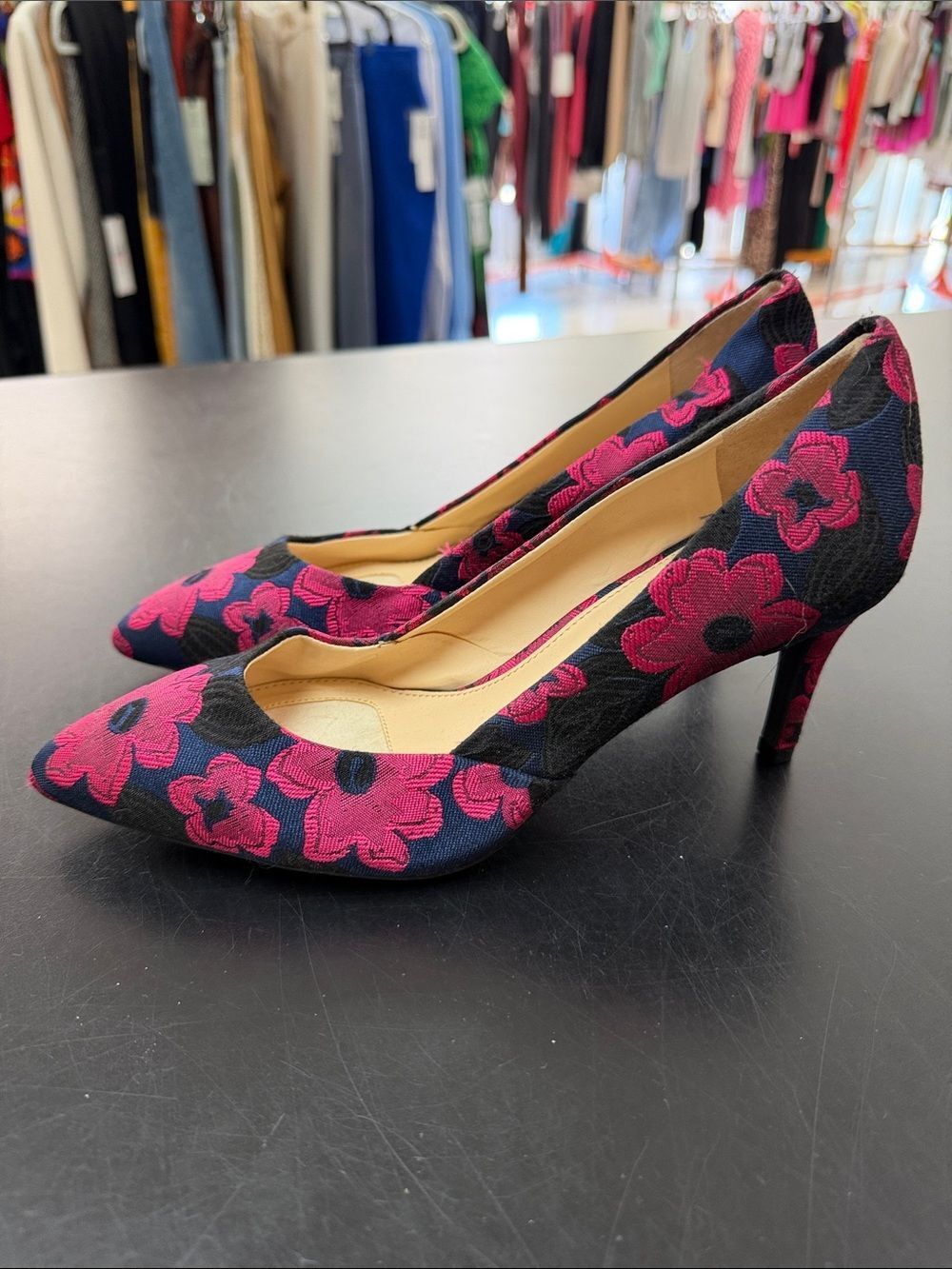 Alex Marie Black Pumps with Fuchsia Floral Embroidery